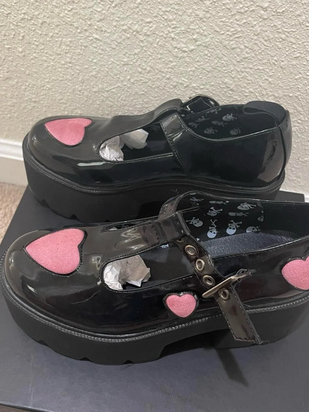 Black Patent Platform Mary Janes with Pink Suede Heart Accents